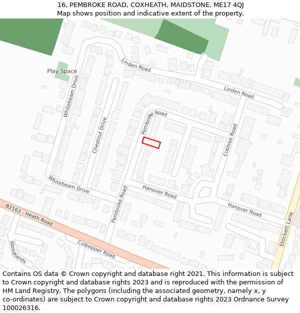 16, PEMBROKE ROAD, COXHEATH, MAIDSTONE, ME17 4QJ: Location map and indicative extent of plot