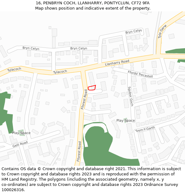 16, PENBRYN COCH, LLANHARRY, PONTYCLUN, CF72 9FA: Location map and indicative extent of plot