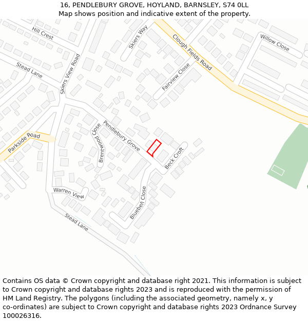 16, PENDLEBURY GROVE, HOYLAND, BARNSLEY, S74 0LL: Location map and indicative extent of plot