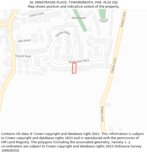 16, PENSTRASSE PLACE, TYWARDREATH, PAR, PL24 2QL: Location map and indicative extent of plot