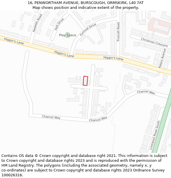 16, PENWORTHAM AVENUE, BURSCOUGH, ORMSKIRK, L40 7AT: Location map and indicative extent of plot