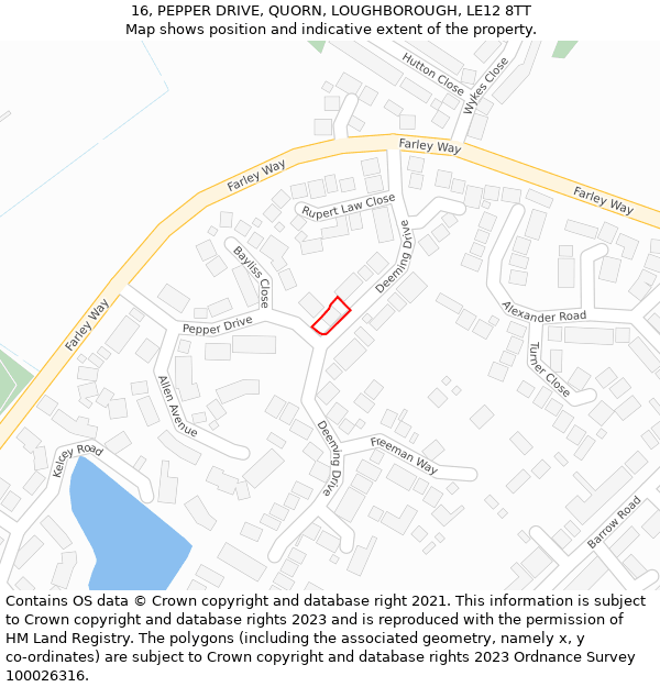 16, PEPPER DRIVE, QUORN, LOUGHBOROUGH, LE12 8TT: Location map and indicative extent of plot