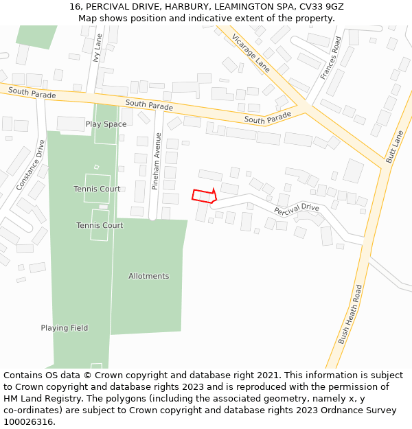 16, PERCIVAL DRIVE, HARBURY, LEAMINGTON SPA, CV33 9GZ: Location map and indicative extent of plot