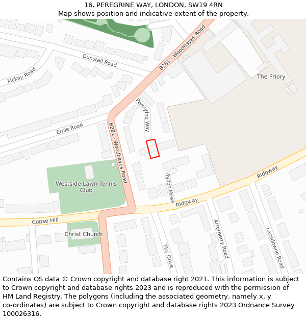 16, PEREGRINE WAY, LONDON, SW19 4RN: Location map and indicative extent of plot