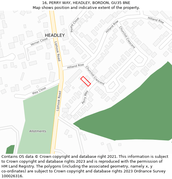 16, PERRY WAY, HEADLEY, BORDON, GU35 8NE: Location map and indicative extent of plot