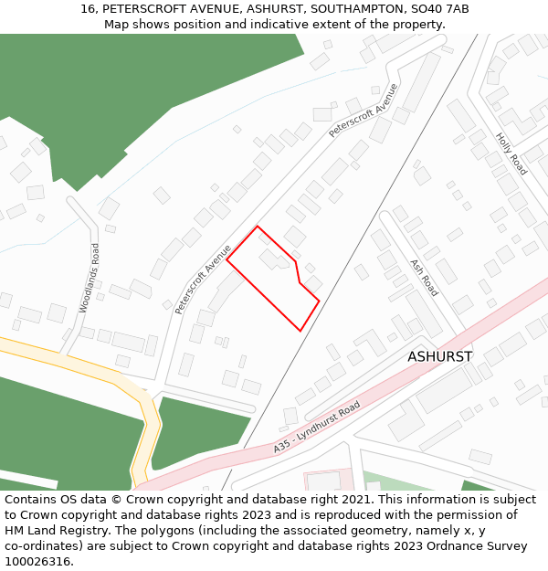 16, PETERSCROFT AVENUE, ASHURST, SOUTHAMPTON, SO40 7AB: Location map and indicative extent of plot