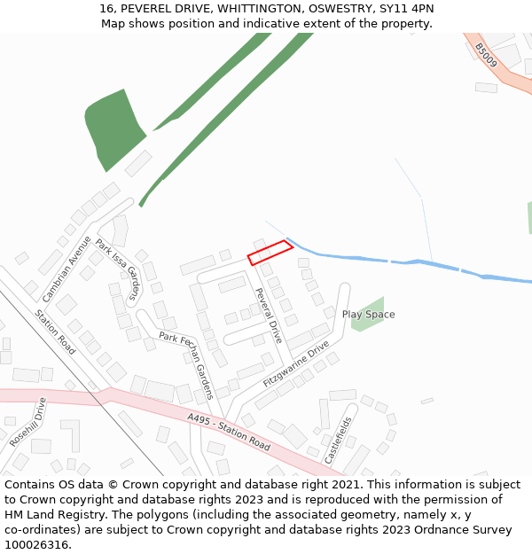 16, PEVEREL DRIVE, WHITTINGTON, OSWESTRY, SY11 4PN: Location map and indicative extent of plot