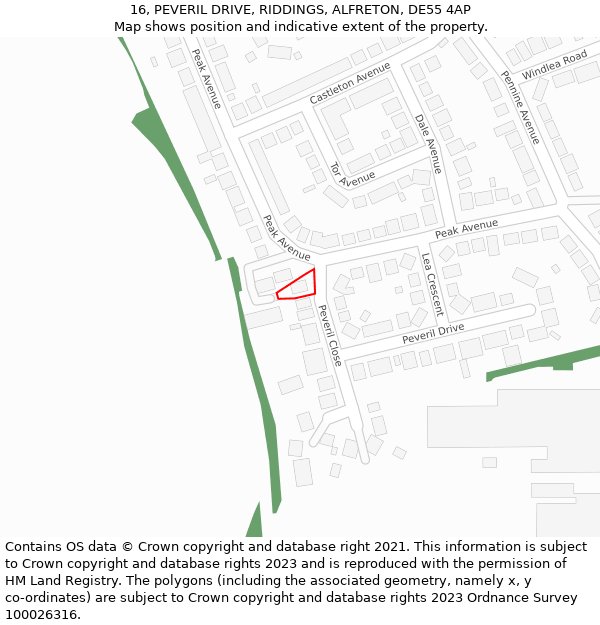 16, PEVERIL DRIVE, RIDDINGS, ALFRETON, DE55 4AP: Location map and indicative extent of plot