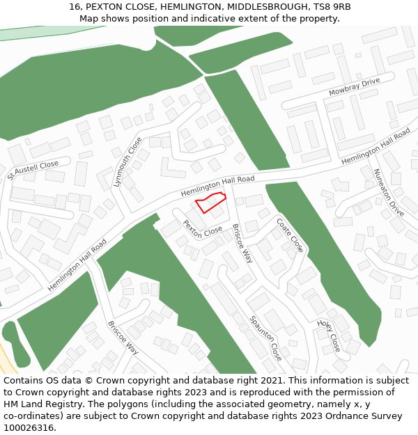 16, PEXTON CLOSE, HEMLINGTON, MIDDLESBROUGH, TS8 9RB: Location map and indicative extent of plot