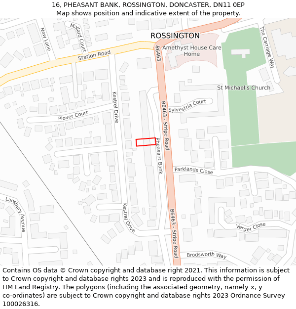 16, PHEASANT BANK, ROSSINGTON, DONCASTER, DN11 0EP: Location map and indicative extent of plot