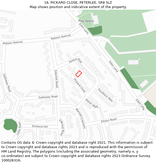 16, PICKARD CLOSE, PETERLEE, SR8 5LZ: Location map and indicative extent of plot