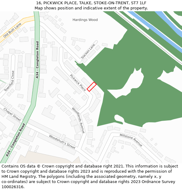 16, PICKWICK PLACE, TALKE, STOKE-ON-TRENT, ST7 1LF: Location map and indicative extent of plot