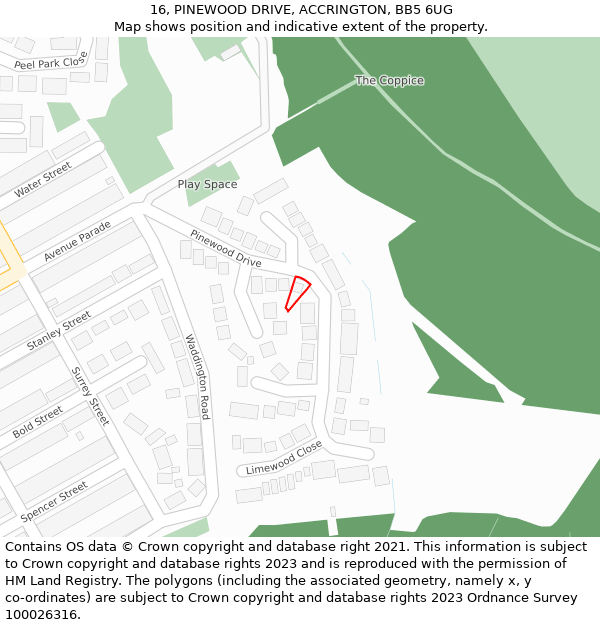 16, PINEWOOD DRIVE, ACCRINGTON, BB5 6UG: Location map and indicative extent of plot