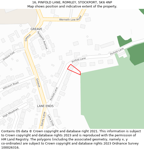 16, PINFOLD LANE, ROMILEY, STOCKPORT, SK6 4NP: Location map and indicative extent of plot