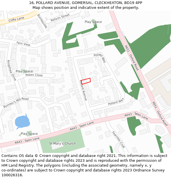 16, POLLARD AVENUE, GOMERSAL, CLECKHEATON, BD19 4PP: Location map and indicative extent of plot