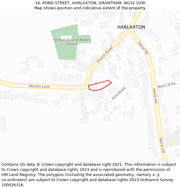 16, POND STREET, HARLAXTON, GRANTHAM, NG32 1HW: Location map and indicative extent of plot