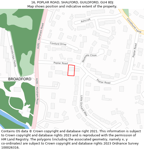 16, POPLAR ROAD, SHALFORD, GUILDFORD, GU4 8DJ: Location map and indicative extent of plot