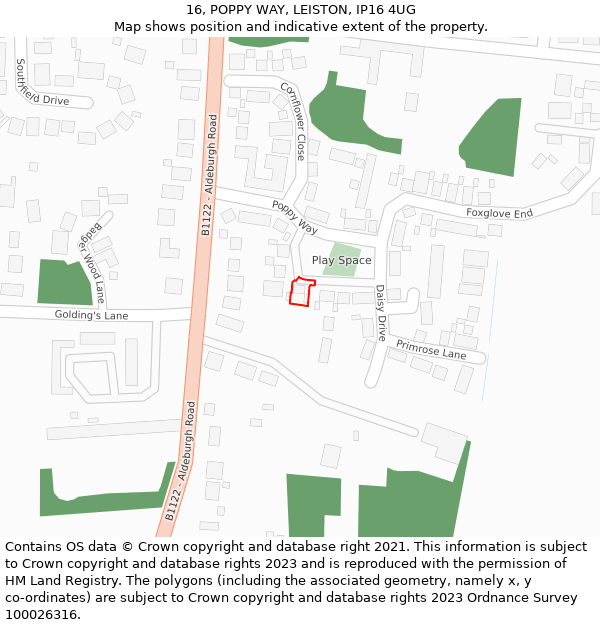 16, POPPY WAY, LEISTON, IP16 4UG: Location map and indicative extent of plot