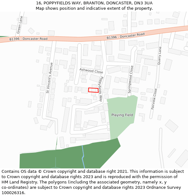 16, POPPYFIELDS WAY, BRANTON, DONCASTER, DN3 3UA: Location map and indicative extent of plot