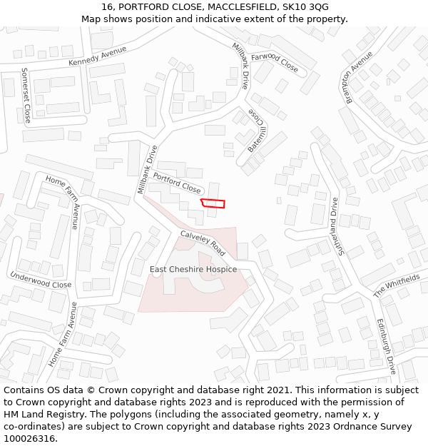 16, PORTFORD CLOSE, MACCLESFIELD, SK10 3QG: Location map and indicative extent of plot