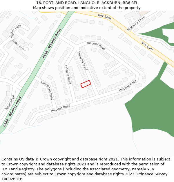 16, PORTLAND ROAD, LANGHO, BLACKBURN, BB6 8EL: Location map and indicative extent of plot