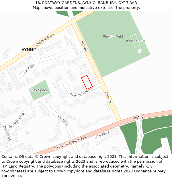 16, PORTWAY GARDENS, AYNHO, BANBURY, OX17 3AR: Location map and indicative extent of plot
