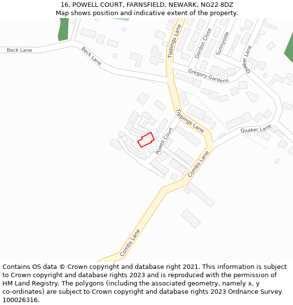 16, POWELL COURT, FARNSFIELD, NEWARK, NG22 8DZ: Location map and indicative extent of plot