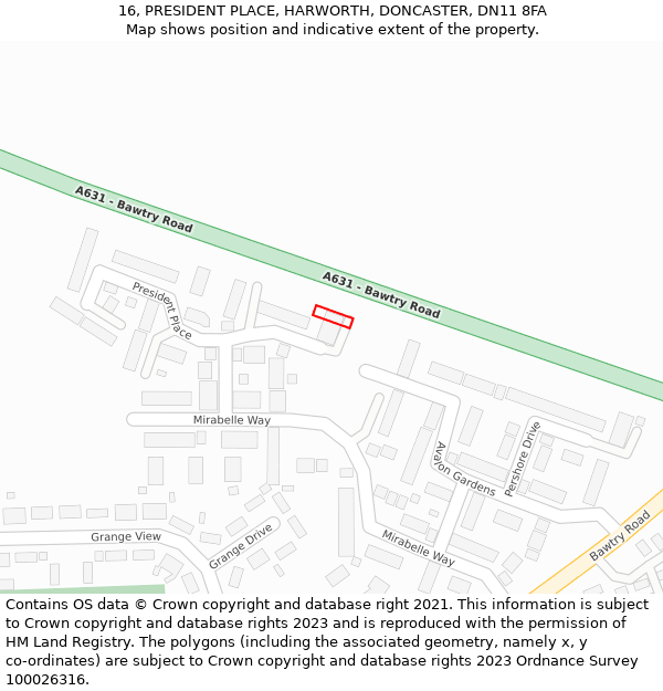 16, PRESIDENT PLACE, HARWORTH, DONCASTER, DN11 8FA: Location map and indicative extent of plot