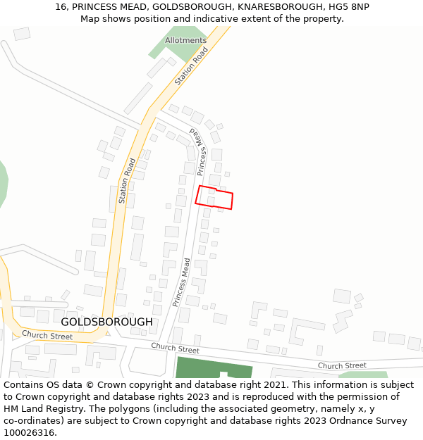 16, PRINCESS MEAD, GOLDSBOROUGH, KNARESBOROUGH, HG5 8NP: Location map and indicative extent of plot