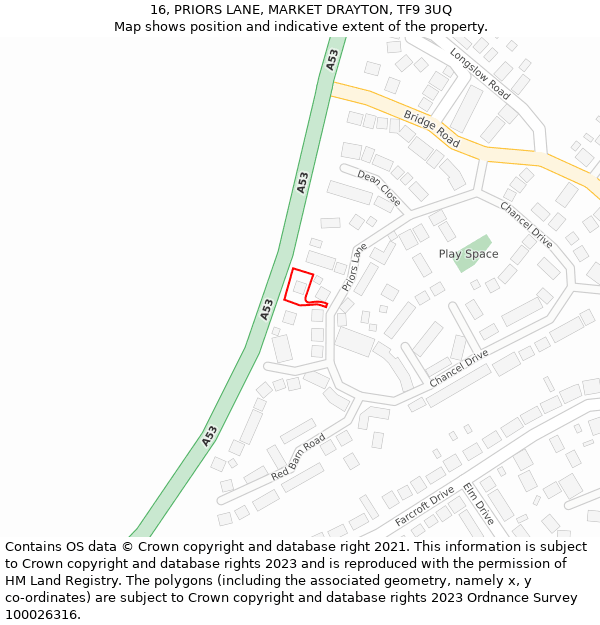 16, PRIORS LANE, MARKET DRAYTON, TF9 3UQ: Location map and indicative extent of plot