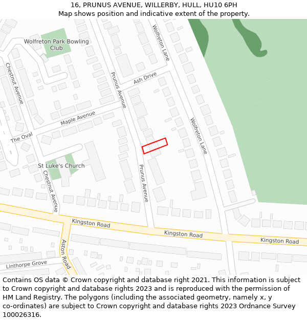 16, PRUNUS AVENUE, WILLERBY, HULL, HU10 6PH: Location map and indicative extent of plot
