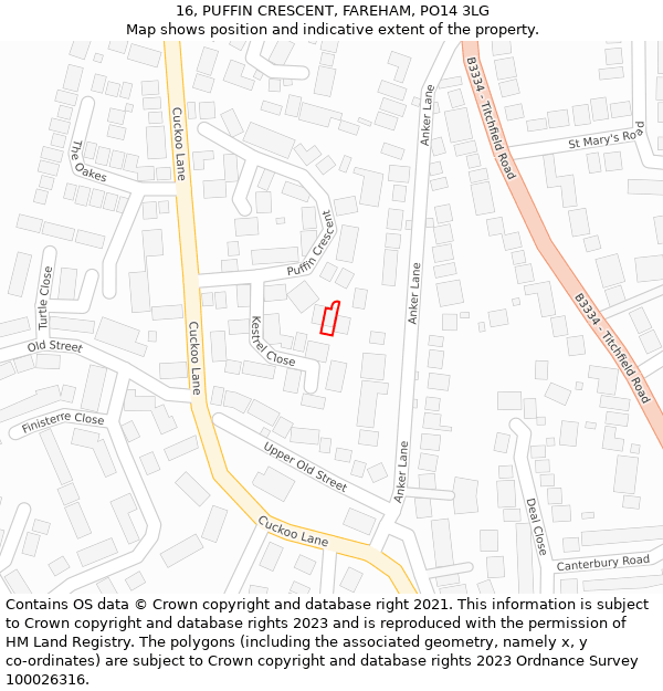 16, PUFFIN CRESCENT, FAREHAM, PO14 3LG: Location map and indicative extent of plot