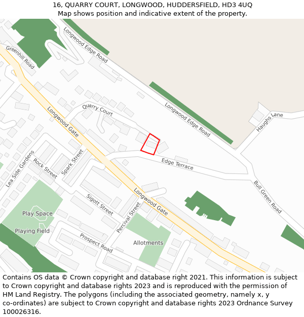 16, QUARRY COURT, LONGWOOD, HUDDERSFIELD, HD3 4UQ: Location map and indicative extent of plot