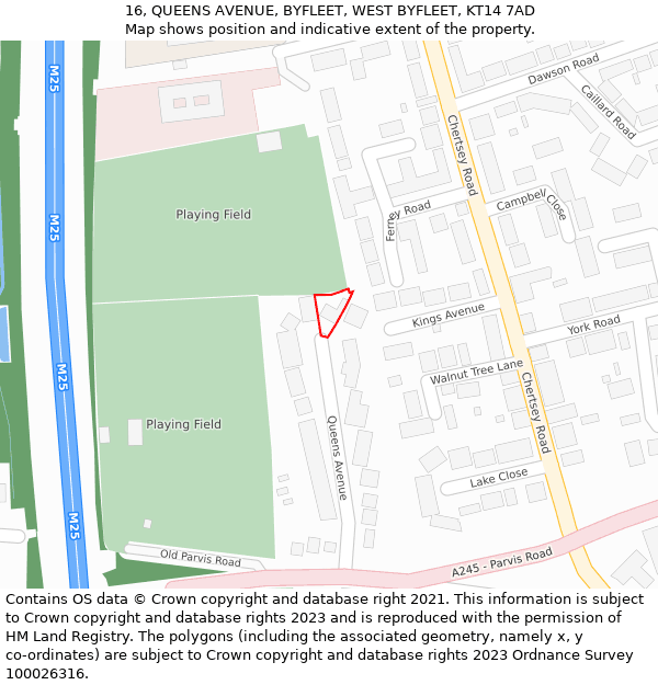 16, QUEENS AVENUE, BYFLEET, WEST BYFLEET, KT14 7AD: Location map and indicative extent of plot