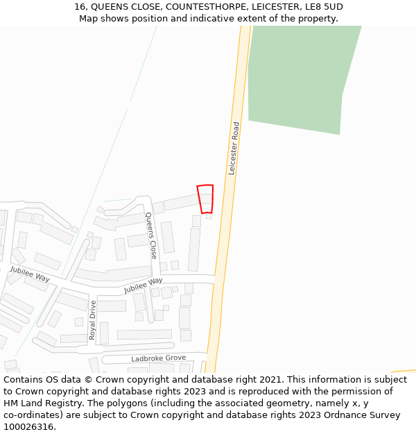 16, QUEENS CLOSE, COUNTESTHORPE, LEICESTER, LE8 5UD: Location map and indicative extent of plot