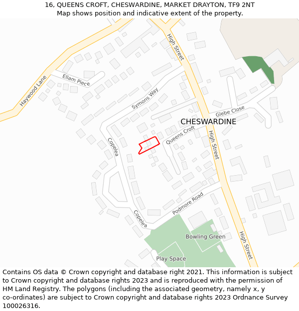 16, QUEENS CROFT, CHESWARDINE, MARKET DRAYTON, TF9 2NT: Location map and indicative extent of plot