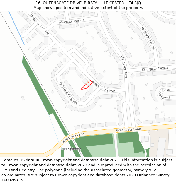 16, QUEENSGATE DRIVE, BIRSTALL, LEICESTER, LE4 3JQ: Location map and indicative extent of plot