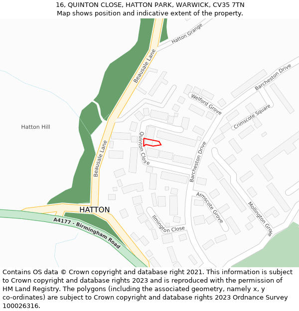 16, QUINTON CLOSE, HATTON PARK, WARWICK, CV35 7TN: Location map and indicative extent of plot