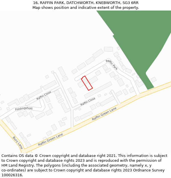 16, RAFFIN PARK, DATCHWORTH, KNEBWORTH, SG3 6RR: Location map and indicative extent of plot