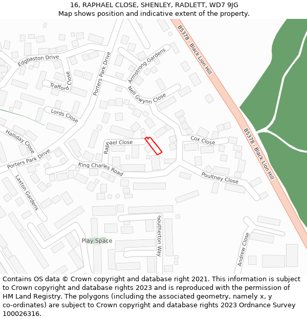 16, RAPHAEL CLOSE, SHENLEY, RADLETT, WD7 9JG: Location map and indicative extent of plot