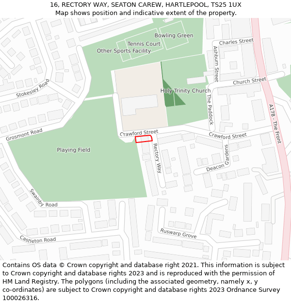 16, RECTORY WAY, SEATON CAREW, HARTLEPOOL, TS25 1UX: Location map and indicative extent of plot