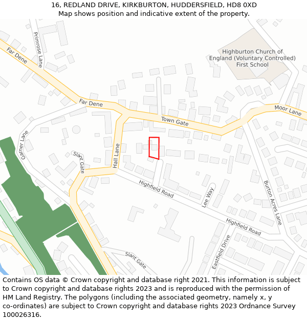 16, REDLAND DRIVE, KIRKBURTON, HUDDERSFIELD, HD8 0XD: Location map and indicative extent of plot