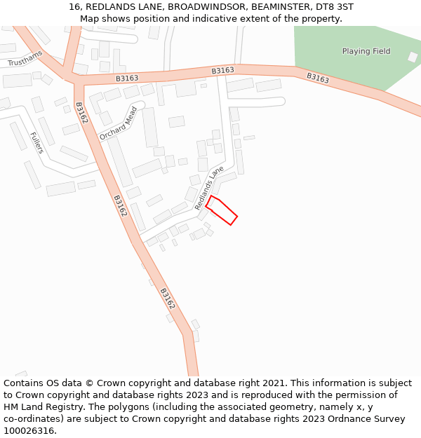 16, REDLANDS LANE, BROADWINDSOR, BEAMINSTER, DT8 3ST: Location map and indicative extent of plot