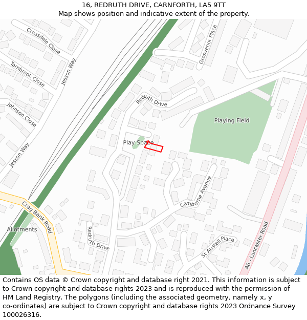 16, REDRUTH DRIVE, CARNFORTH, LA5 9TT: Location map and indicative extent of plot