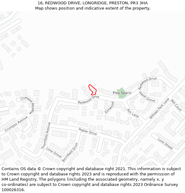16, REDWOOD DRIVE, LONGRIDGE, PRESTON, PR3 3HA: Location map and indicative extent of plot