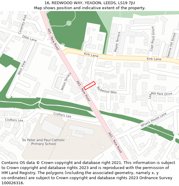 16, REDWOOD WAY, YEADON, LEEDS, LS19 7JU: Location map and indicative extent of plot