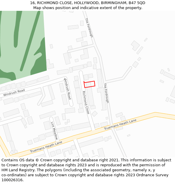 16, RICHMOND CLOSE, HOLLYWOOD, BIRMINGHAM, B47 5QD: Location map and indicative extent of plot