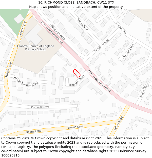 16, RICHMOND CLOSE, SANDBACH, CW11 3TX: Location map and indicative extent of plot