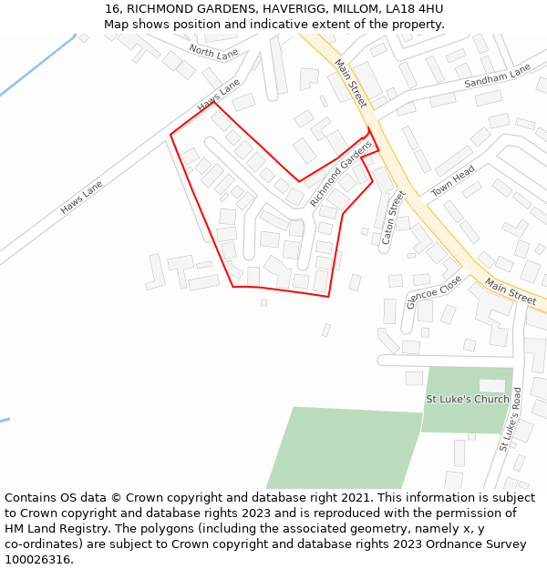 16, RICHMOND GARDENS, HAVERIGG, MILLOM, LA18 4HU: Location map and indicative extent of plot