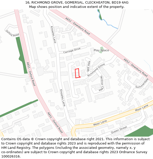 16, RICHMOND GROVE, GOMERSAL, CLECKHEATON, BD19 4AG: Location map and indicative extent of plot